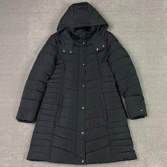 Tommy Hilfiger Hooded Long Puffer Coat Jacket Parka Women's Medium Black Quilted - Picture 1 of 15